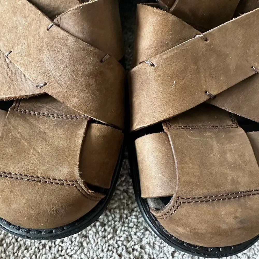Abeo Brandon Neutral Leather Fisherman Sandals Leather Brown Mens 10 Bio Systems